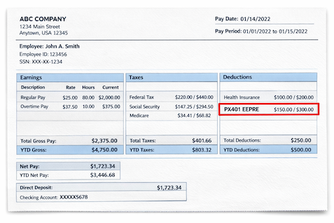 where px401 eepre shows on pay check